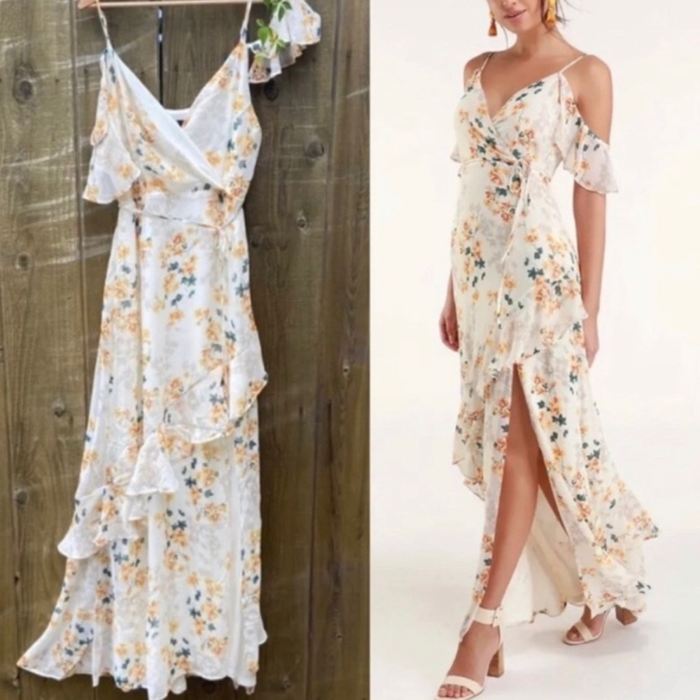 NWT Lulus Shadow Blooms Cream Floral Print Ruffled Maxi Dress